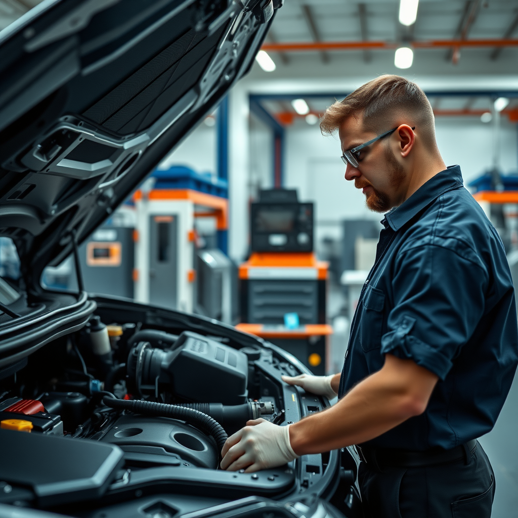 Mecánico profesional realizando inspección detallada del motor de un automóvil usado en taller moderno con herramientas de diagnóstico