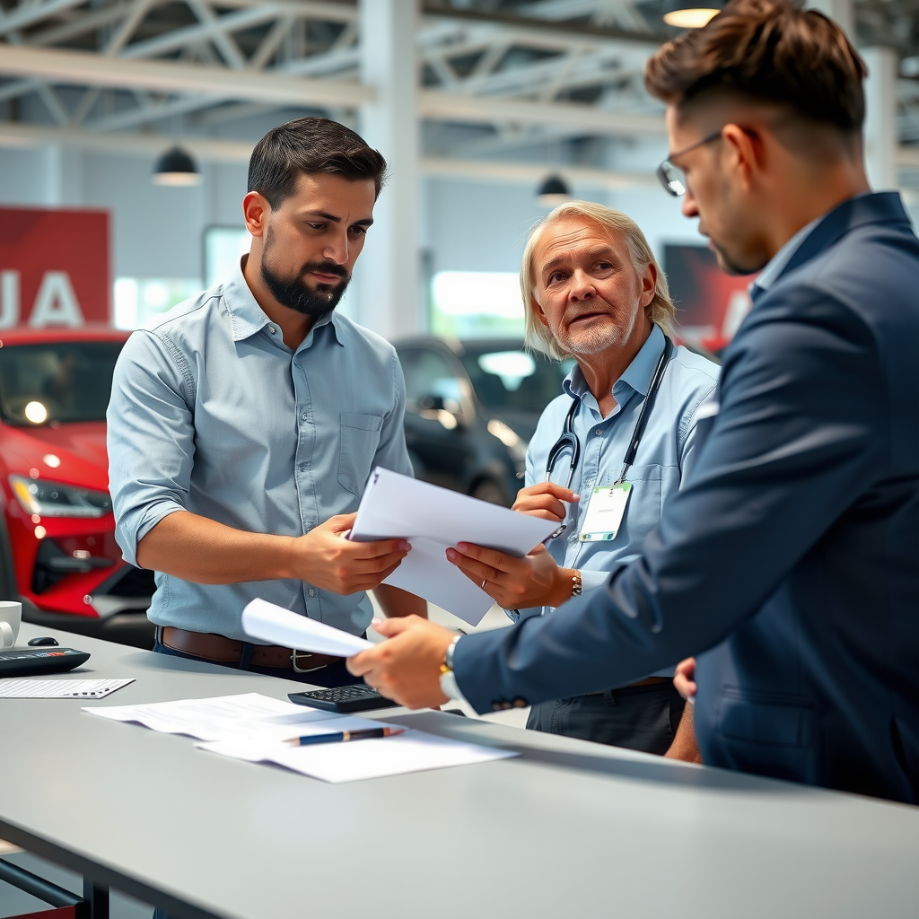 Persona negociando la compra de un auto usado con vendedor en concesionaria, revisando documentos y calculadora sobre escritorio, ambiente profesional con vehículos de fondo
