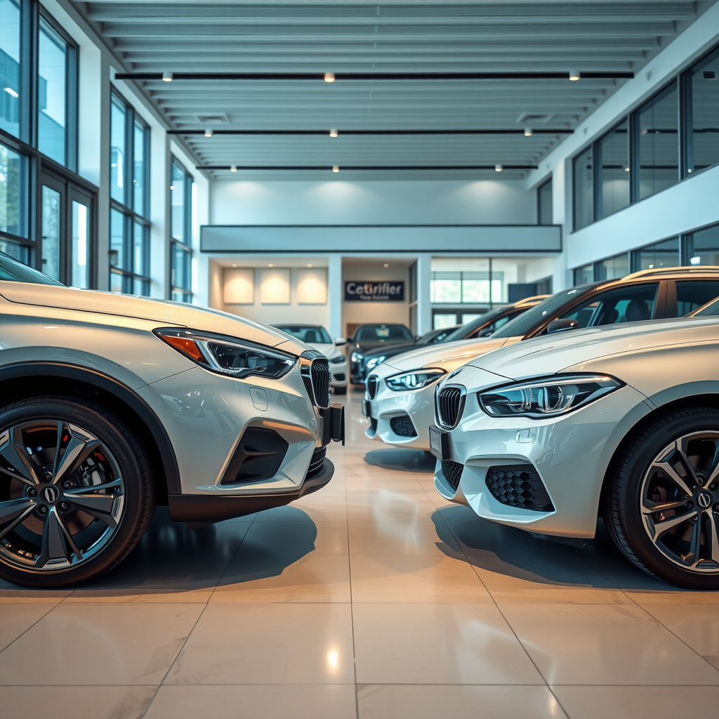 Showroom moderno con autos certificados pre-owned y usados tradicionales lado a lado, iluminación profesional, ambiente de concesionario premium