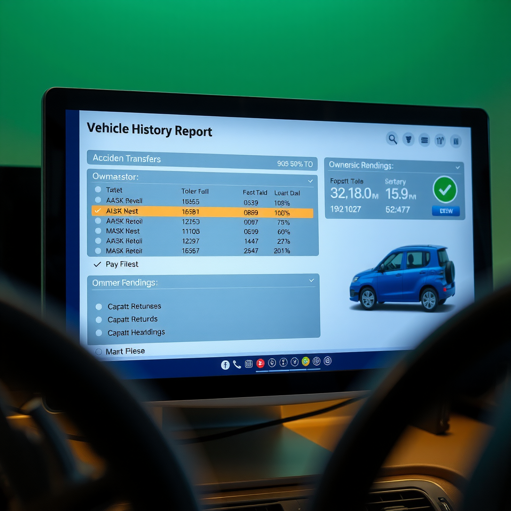 Informe detallado de historial vehicular mostrando registros de accidentes, transferencias de propiedad, historial de servicio y lecturas de odómetro en una pantalla de computadora