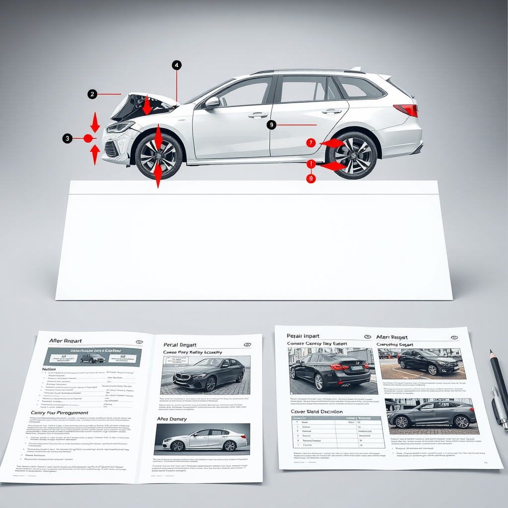 Diagrama detallado de un vehículo mostrando puntos de impacto de accidente con anotaciones técnicas, fotografías de daños antes y después de reparación, y documentación de seguros en un formato de informe profesional