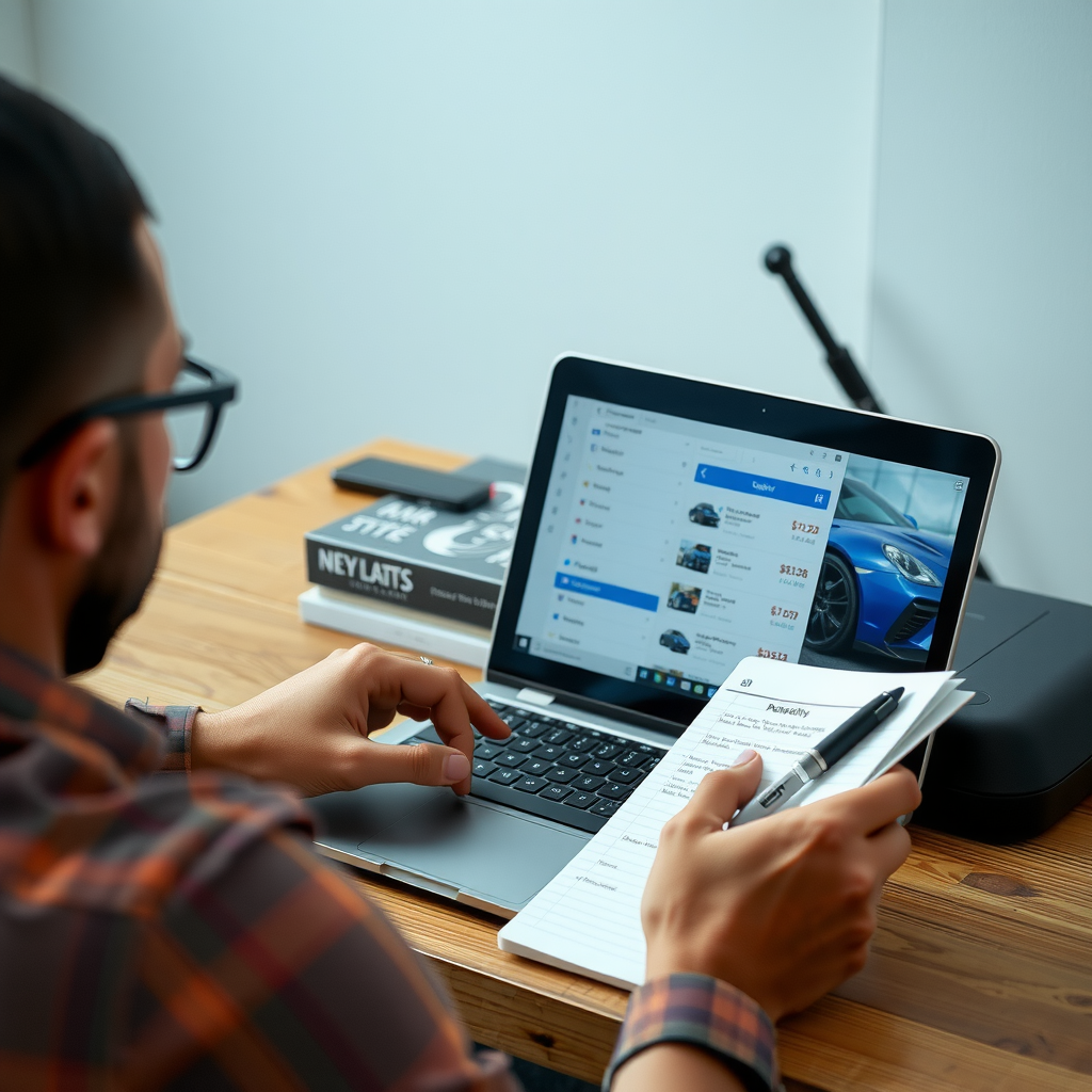 Persona investigando precios de autos en computadora portátil, con múltiples pestañas abiertas mostrando listados de vehículos, tomando notas en cuaderno, ambiente de oficina en casa