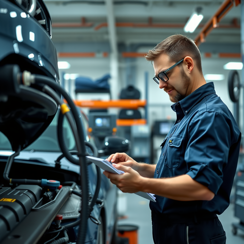 Mecánico profesional inspeccionando detalladamente un auto en taller certificado, checklist en mano, equipo de diagnóstico moderno