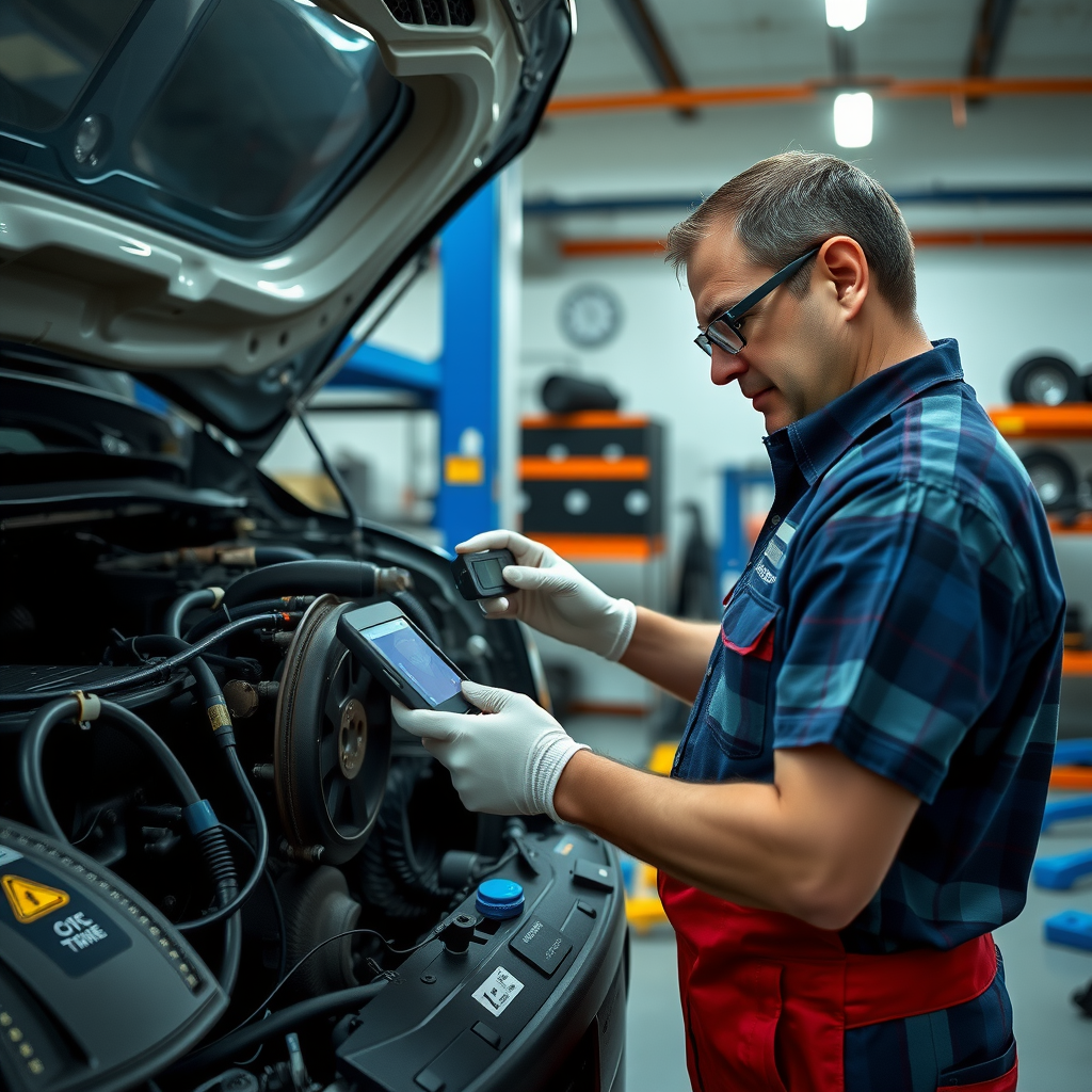Mecánico profesional realizando inspección exhaustiva de vehículo usado, revisando motor, frenos, neumáticos y componentes eléctricos con herramientas de diagnóstico en taller argentino