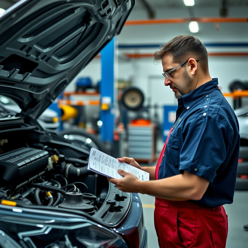 Mecánico profesional realizando inspección completa de auto usado, revisando motor, transmisión, frenos, neumáticos y componentes eléctricos con checklist detallado en taller argentino