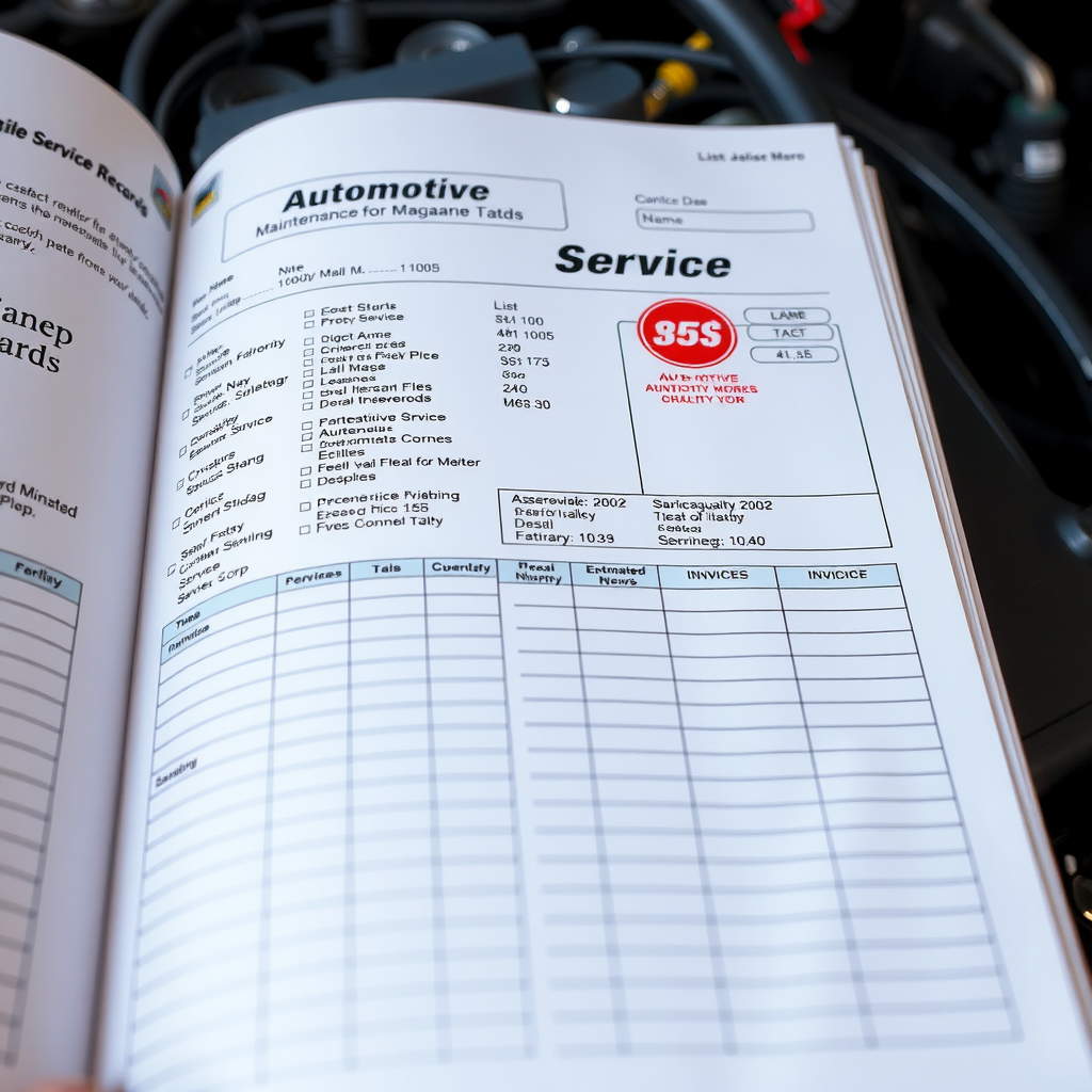 Libro de servicio automotriz abierto mostrando registros detallados de mantenimiento con sellos de talleres mecánicos, fechas de servicio, kilometrajes, lista de trabajos realizados y facturas organizadas cronológicamente en un formato profesional