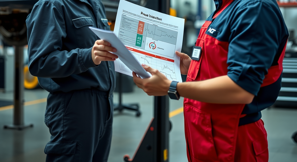 Mecánico mostrando informe de inspección detallado a cliente, auto en elevador, taller profesional con herramientas modernas