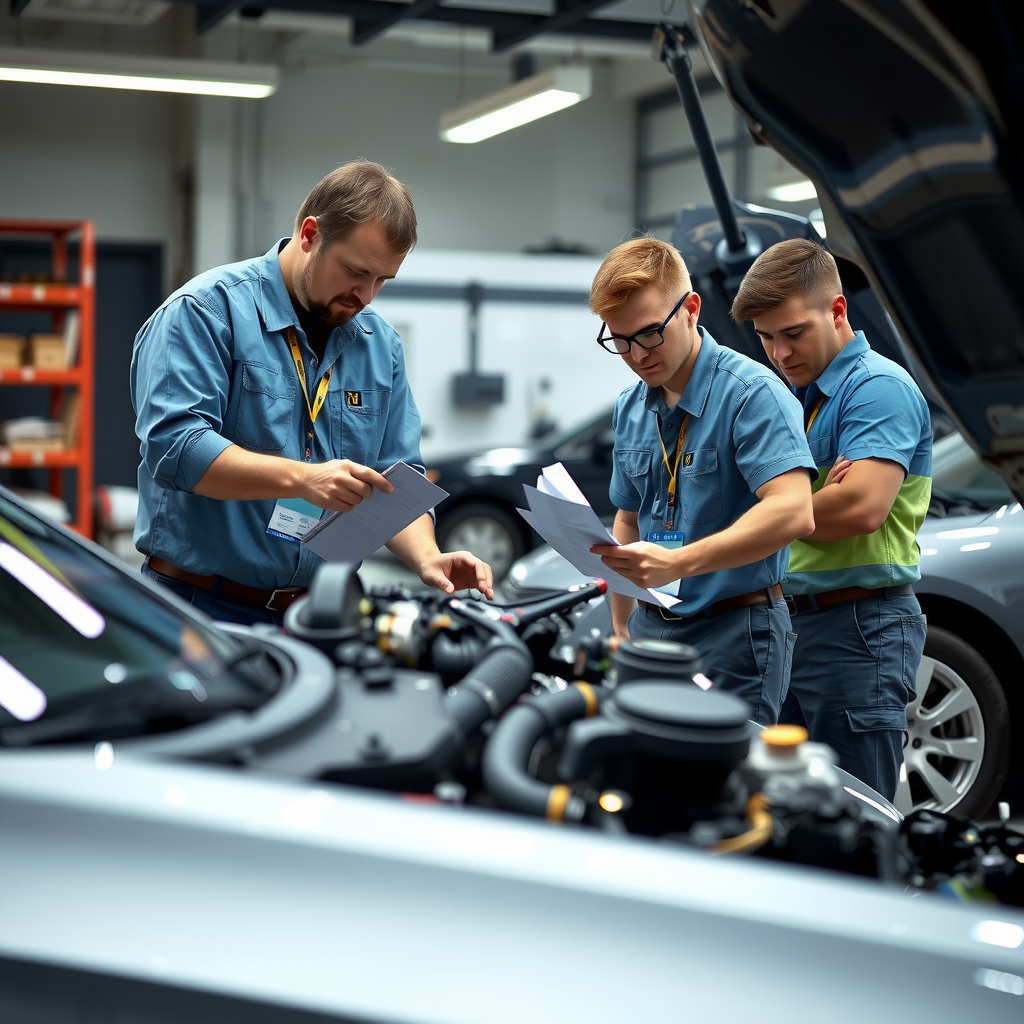 Equipo de MultinominalVWQ inspeccionando vehículo usado, verificando motor, documentación y estado general del auto en taller profesional