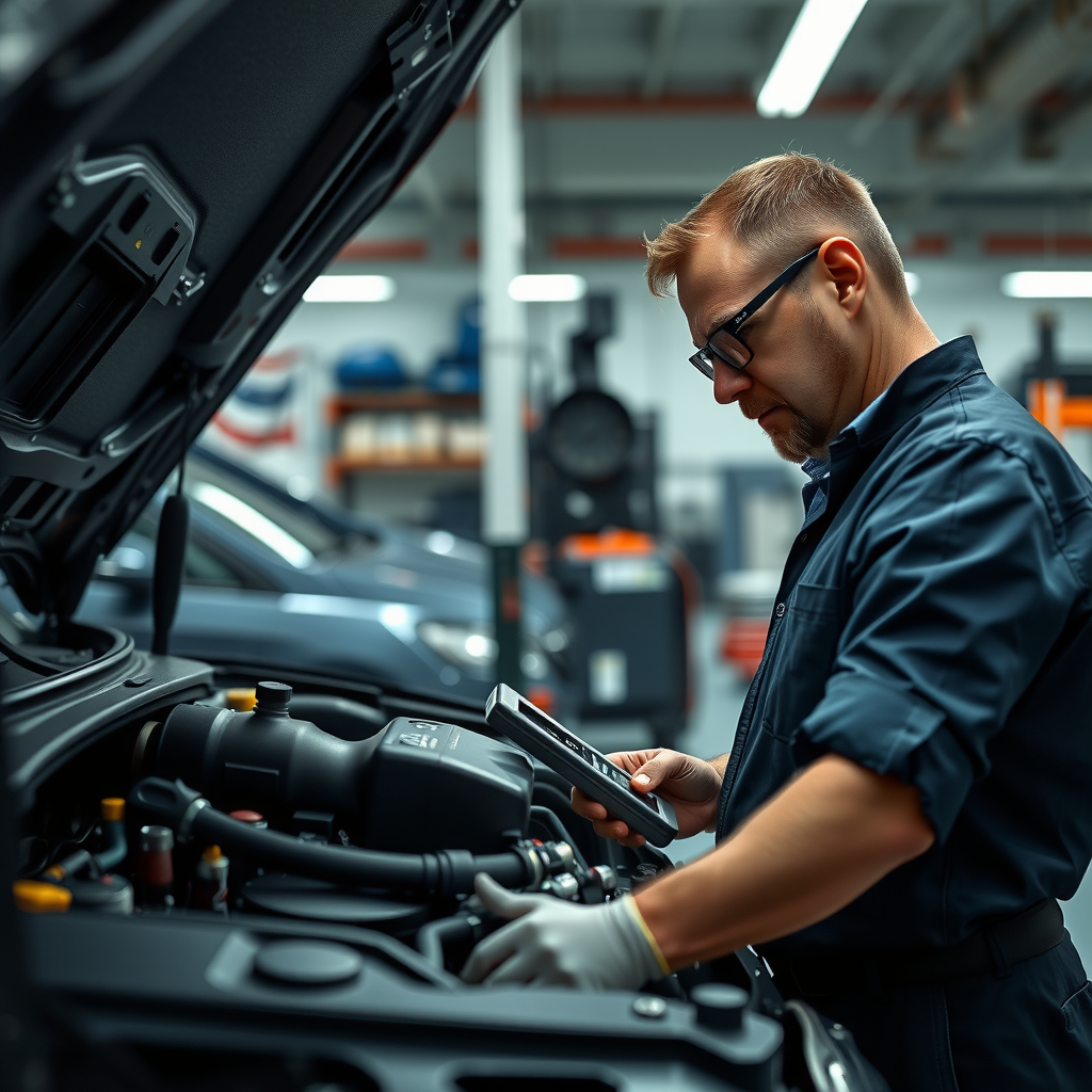 Mecánico profesional inspeccionando motor de auto usado, con herramientas y equipo de diagnóstico, en taller mecánico bien iluminado, enfoque en revisión detallada
