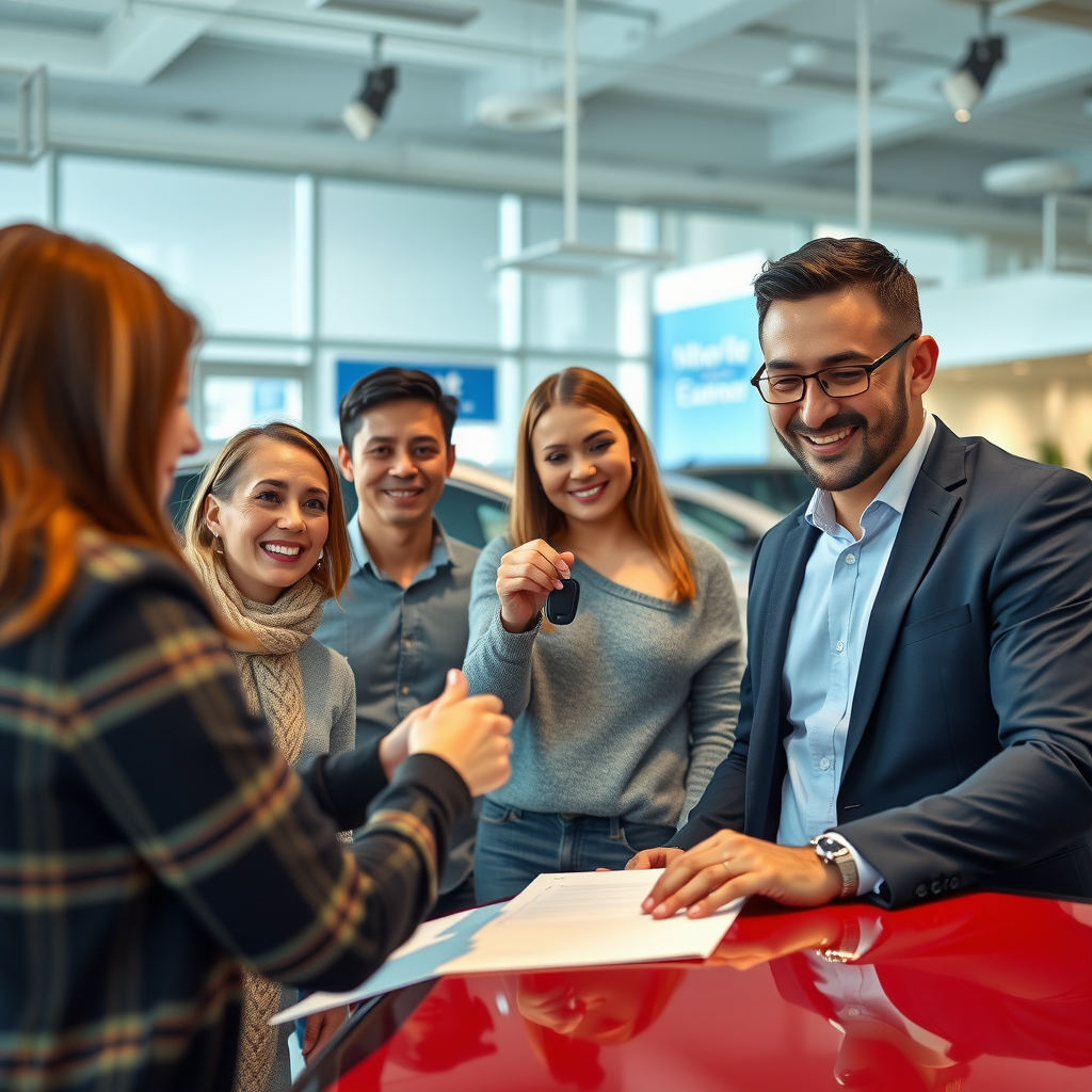 Familia feliz recibiendo llaves de auto en concesionario, vendedor profesional, documentos firmados, ambiente celebratorio