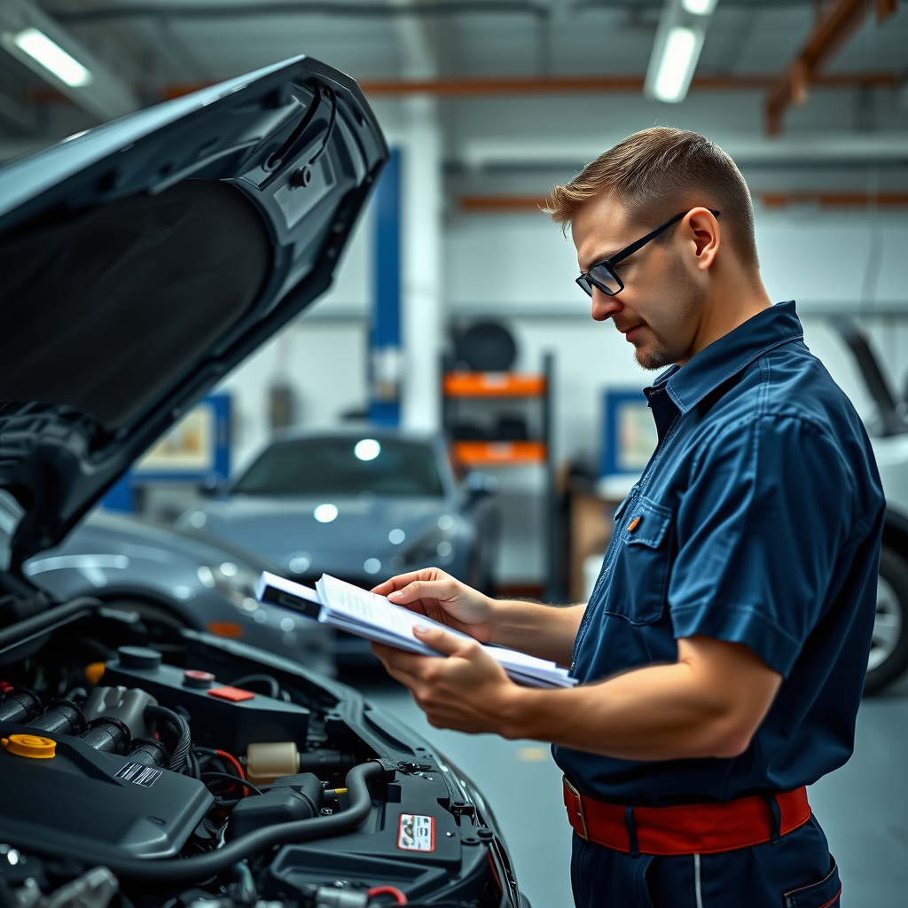 Mecánico profesional en uniforme realizando inspección detallada de vehículo usado en taller bien iluminado, usando herramientas de diagnóstico electrónicas mientras revisa el motor y sistemas del automóvil con informe de historial en mano