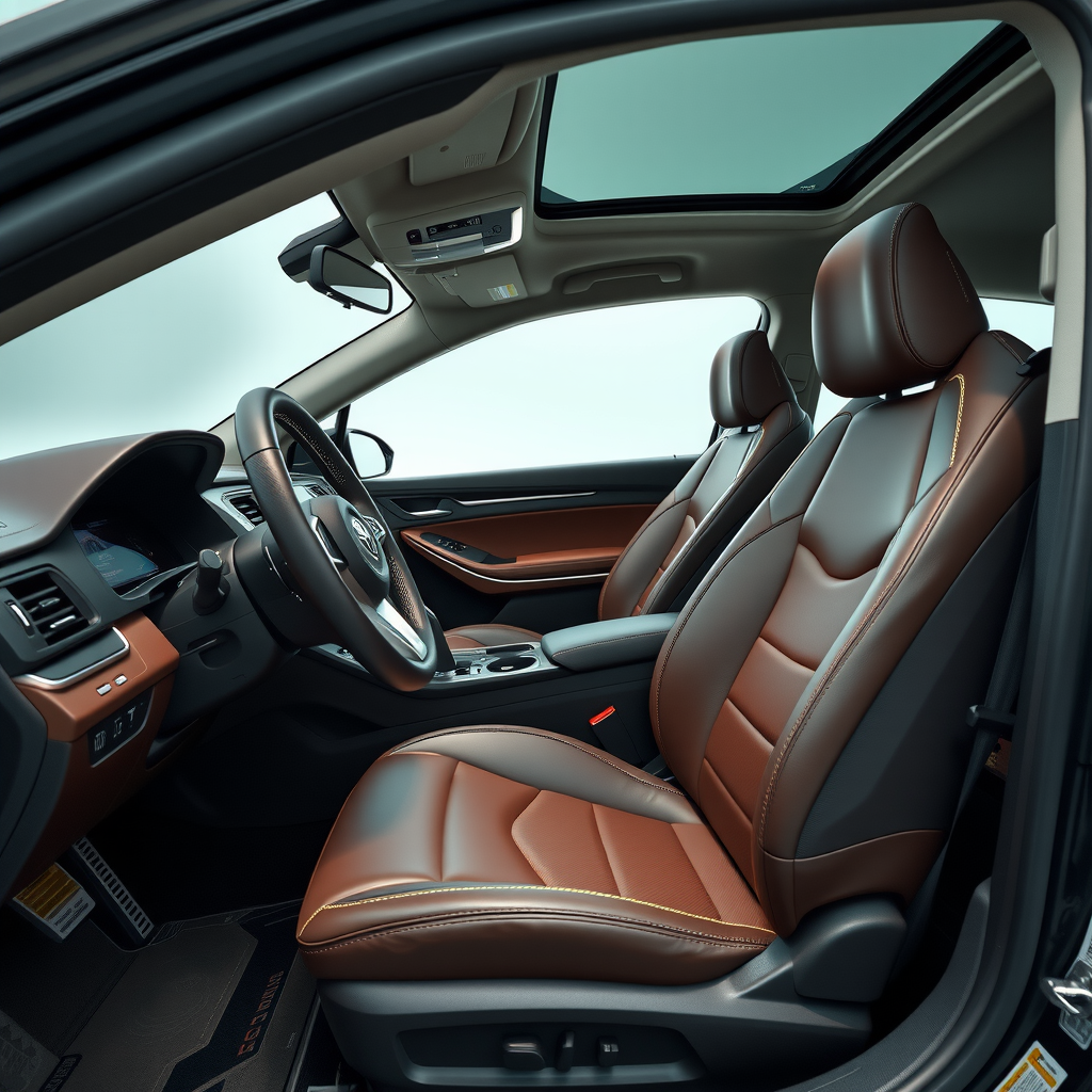 Interior de automóvil moderno con asientos de cuero en excelente estado, volante multifunción, consola central y todos los sistemas funcionando