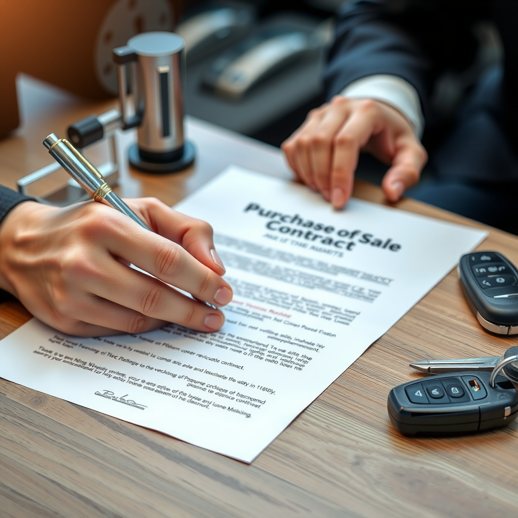Manos firmando contrato de compra-venta de vehículo sobre escritorio, con bolígrafo elegante, documentos oficiales, y llaves de auto visible al lado, iluminación profesional