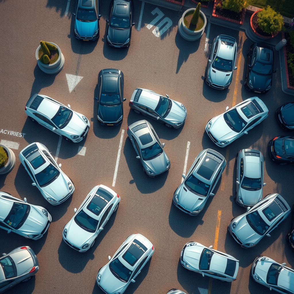 Vista aérea de estacionamiento con múltiples autos usados y certificados, etiquetas de precio, ambiente de concesionario organizado